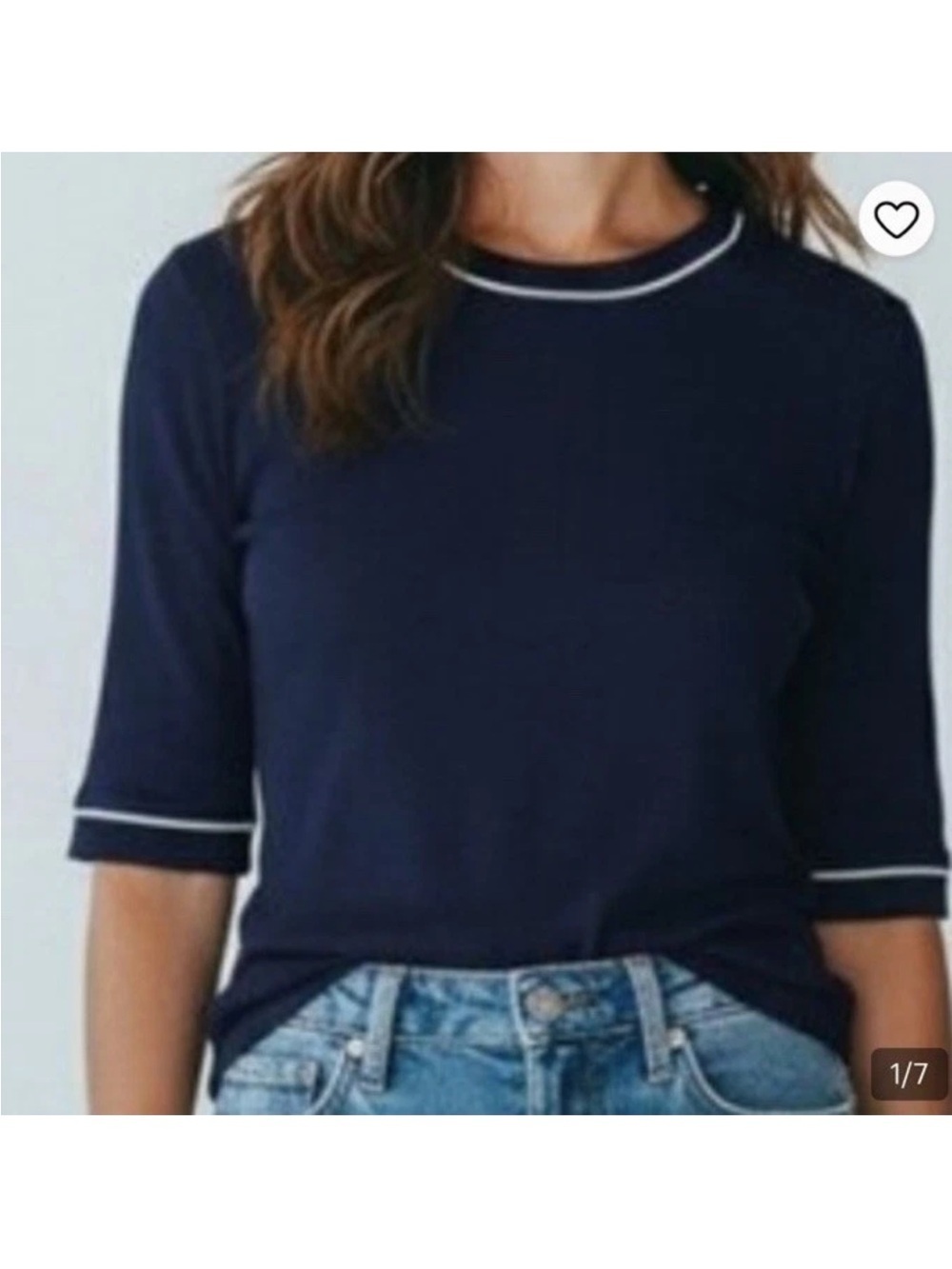 ATM, Small, Navy Short-Sleeves cashmere Knit blend Sweater with White Trim - Picture 2 of 11